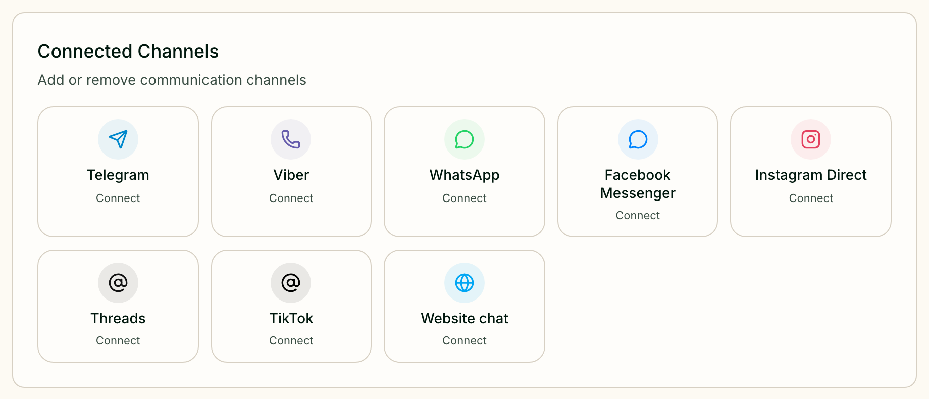 Channel cards on the Channels settings page