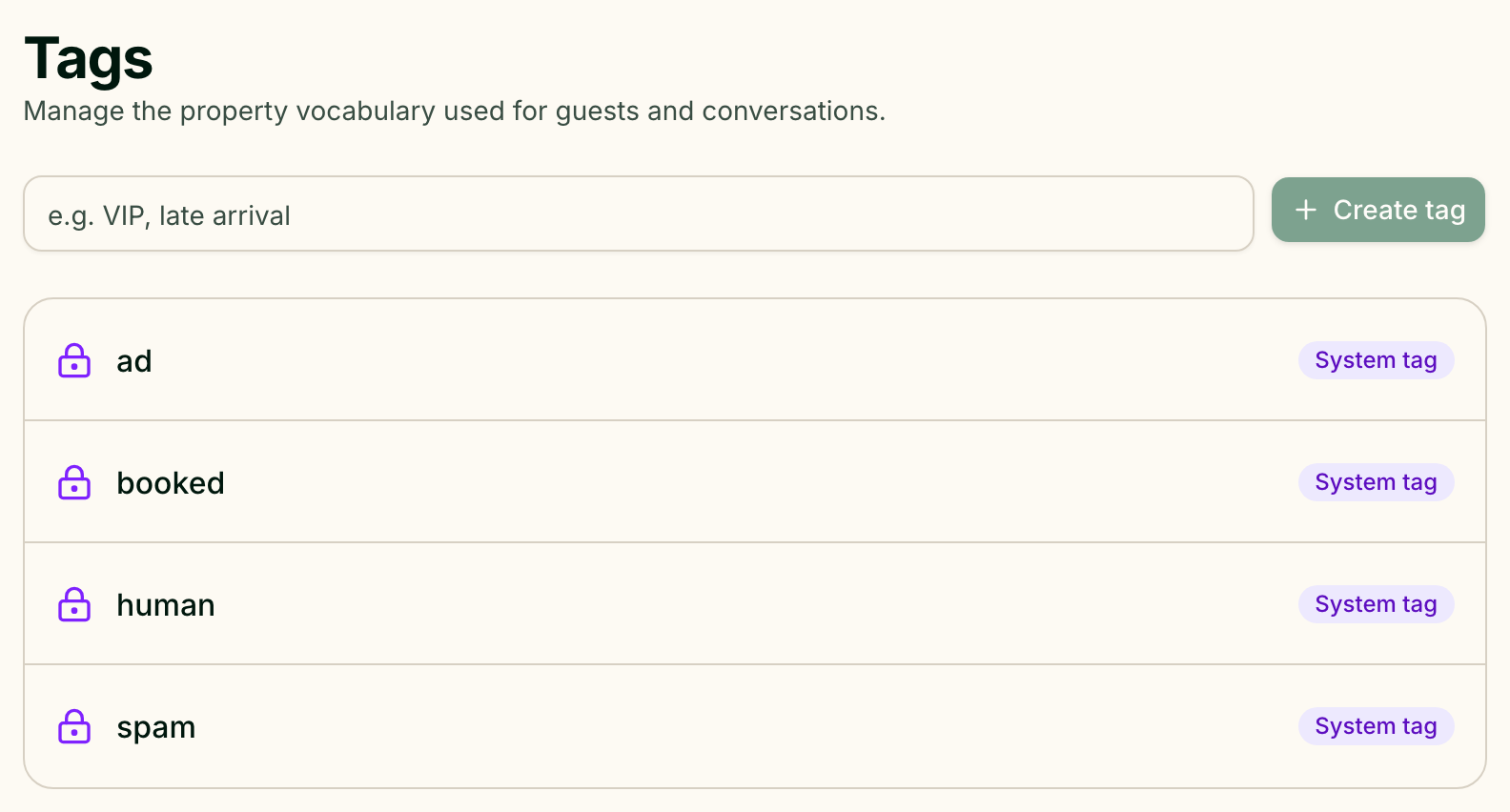 The Tags page with the four system tags