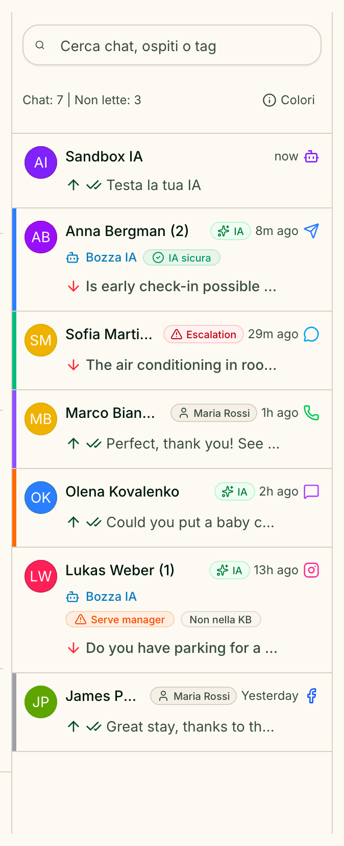 L'elenco delle conversazioni: la sandbox AI fissata in alto, poi ospiti da Telegram, dal widget del sito, WhatsApp, Viber, Instagram e Facebook