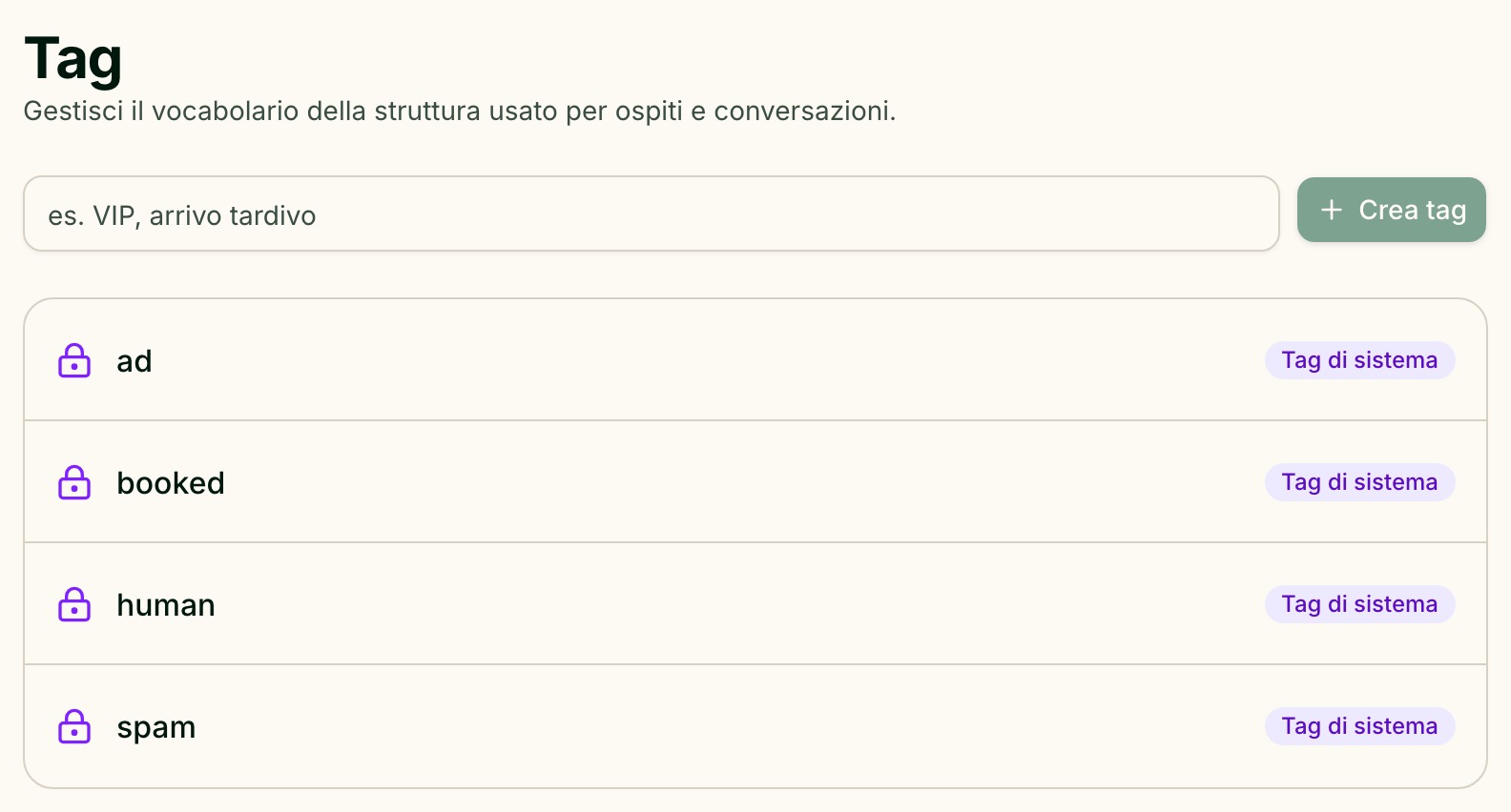 La pagina dei tag con i quattro tag di sistema