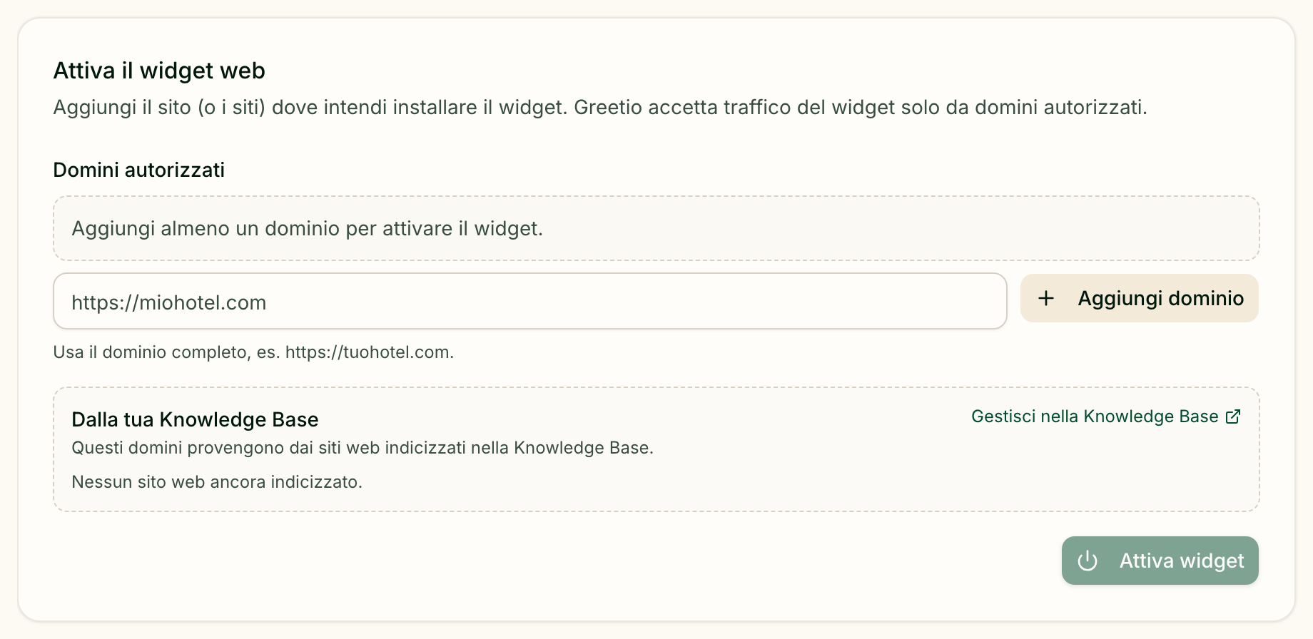 I domini autorizzati e il pulsante che attiva il widget di chat