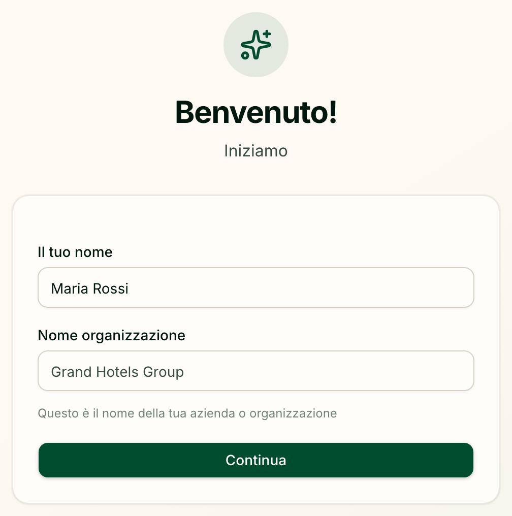 Il modulo del primo accesso: il tuo nome e il nome dell'organizzazione